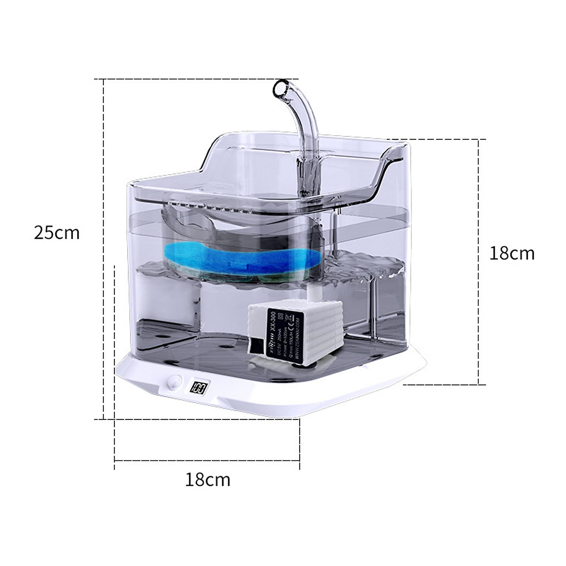 Ein transparenter Wasserbrunnen für Haustiere mit blauer Filtermatte und digitalen Anzeigen.