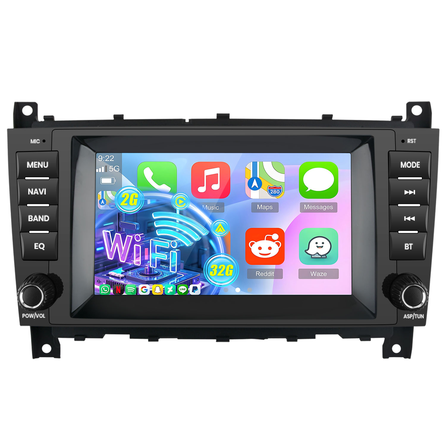 Ein Autoradio-Infotainmentsystem mit Touchscreen zeigt App-Icons und WLAN-Signal.