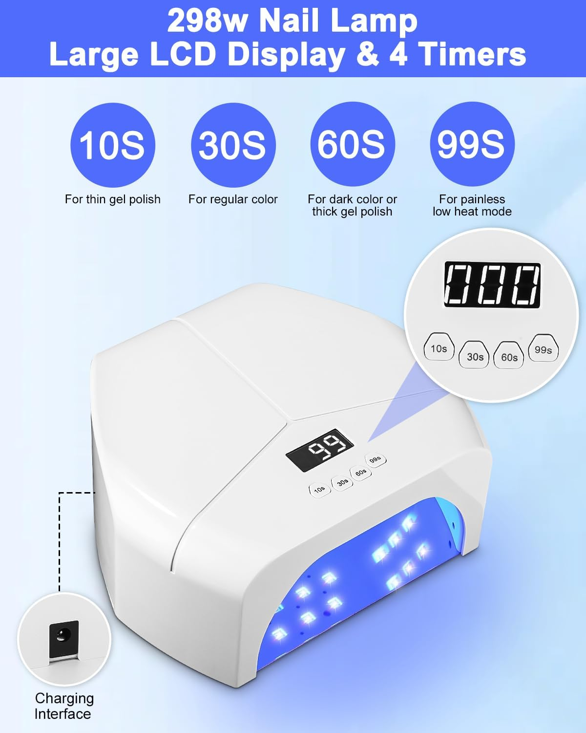 Eine weiße 298-W-Nagellampe mit LCD-Display und 4 Timern. Blaue LEDs leuchten.