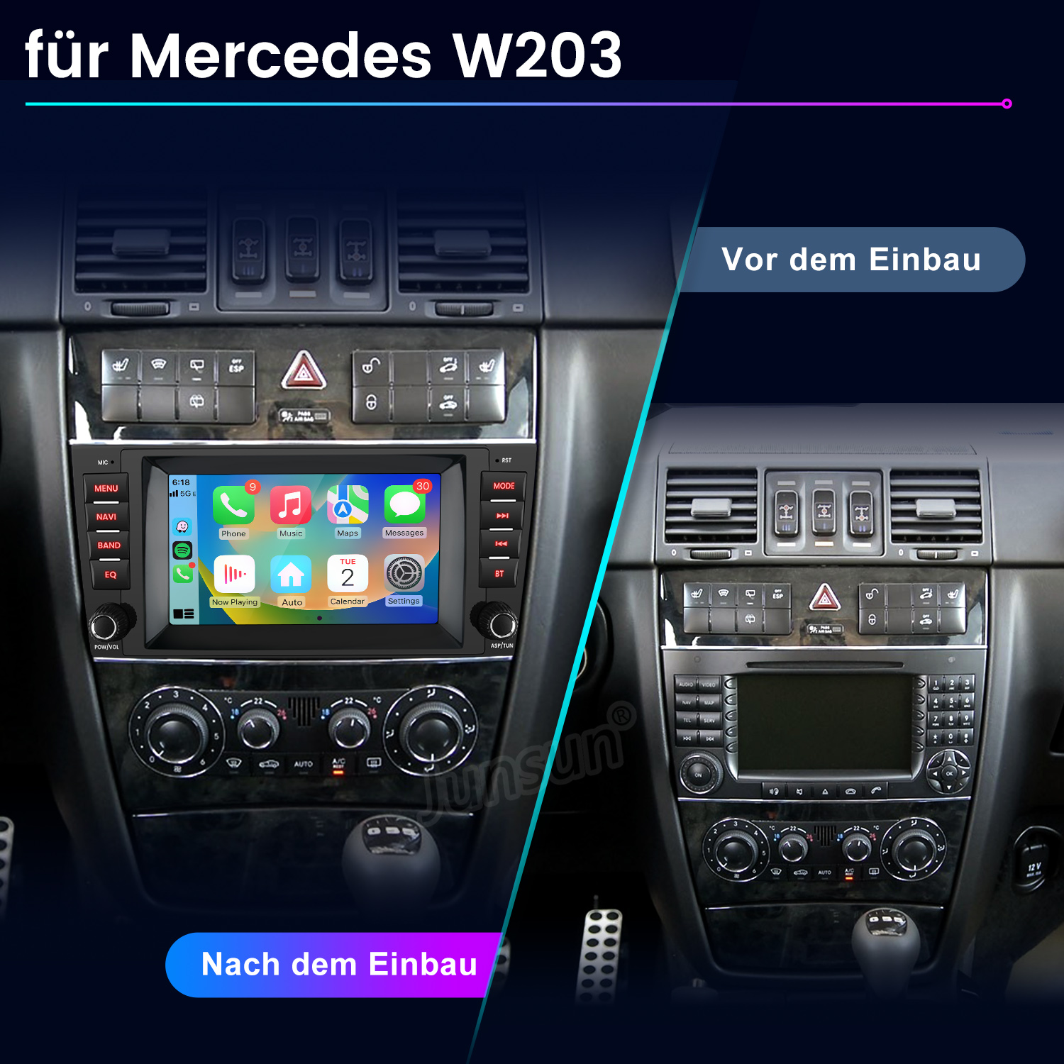 Vorher/Nachher Vergleich eines Mercedes W203 Autoradios.