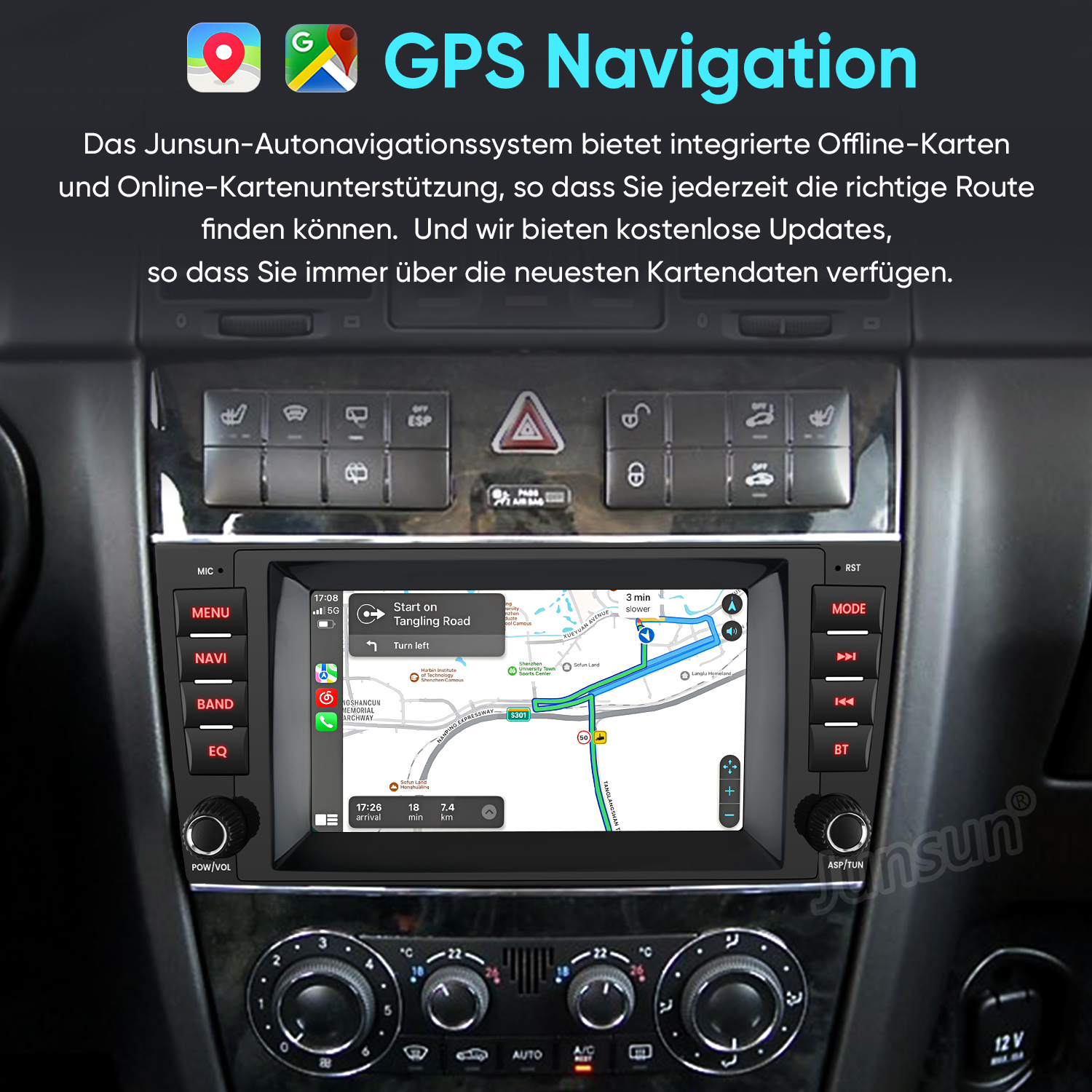Ein Navigationssystem im Auto zeigt eine Karte mit einer Route. Es gibt Bedienelemente.