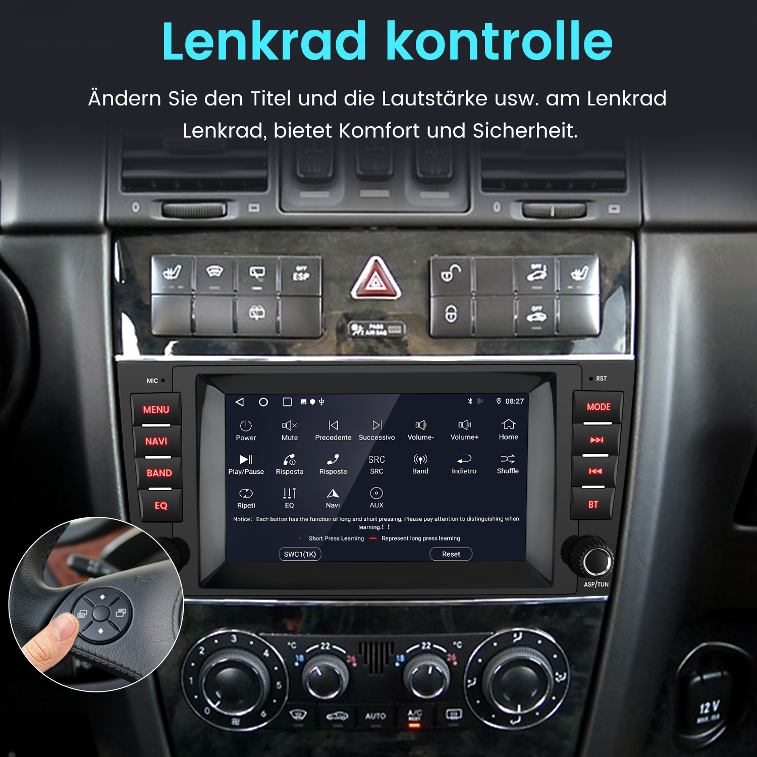 Ein Mann drückt eine Taste am Lenkrad eines Autos, das ein Infotainmentsystem anzeigt.