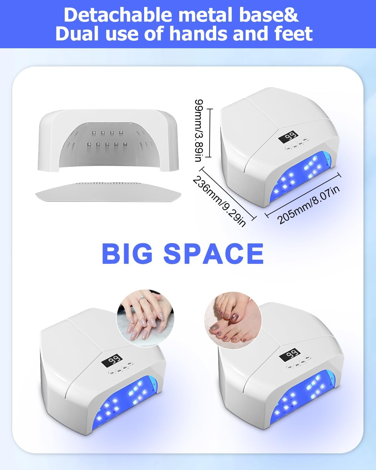Weiße UV-Nagellampe mit blauen LEDs und digitalen Anzeigen. Maße angegeben.