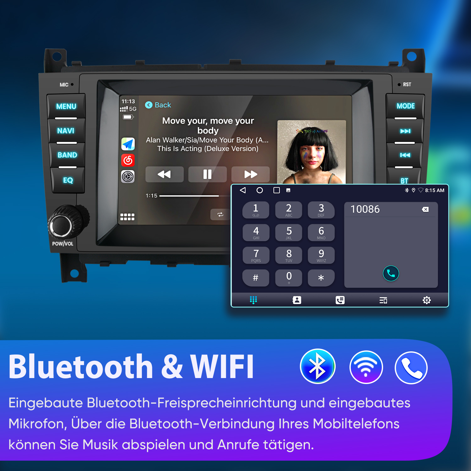 Ein Autoradio zeigt Musikwiedergabe und ein Ziffernfeld. Unten stehen „Bluetooth & WIFI“.