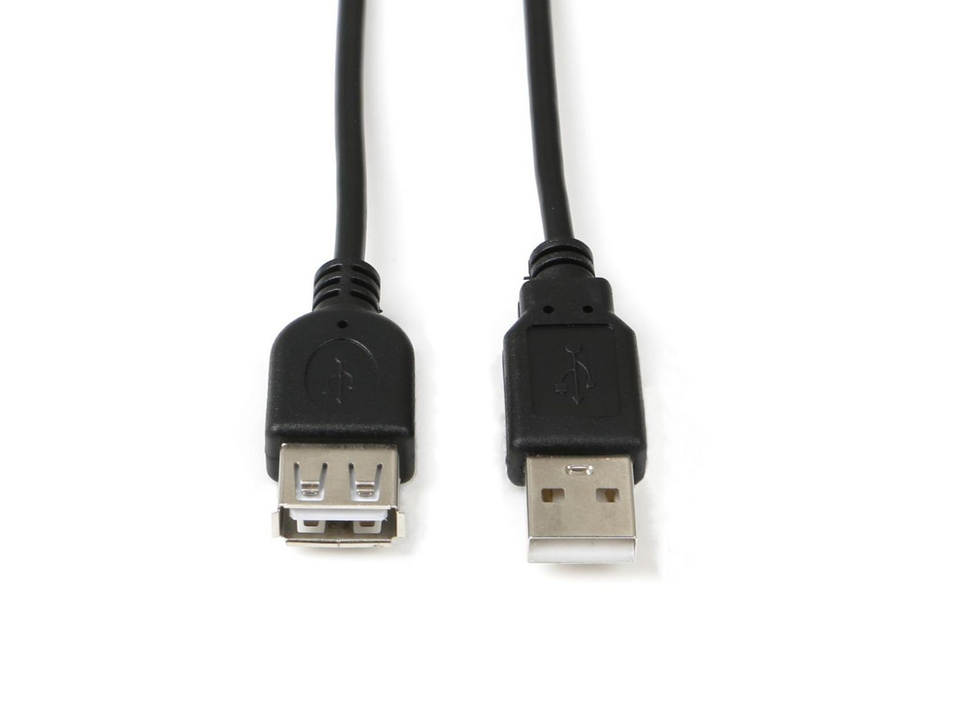 Zwei schwarze USB-Kabelenden, ein weibliches und ein männliches, auf weißem Hintergrund.