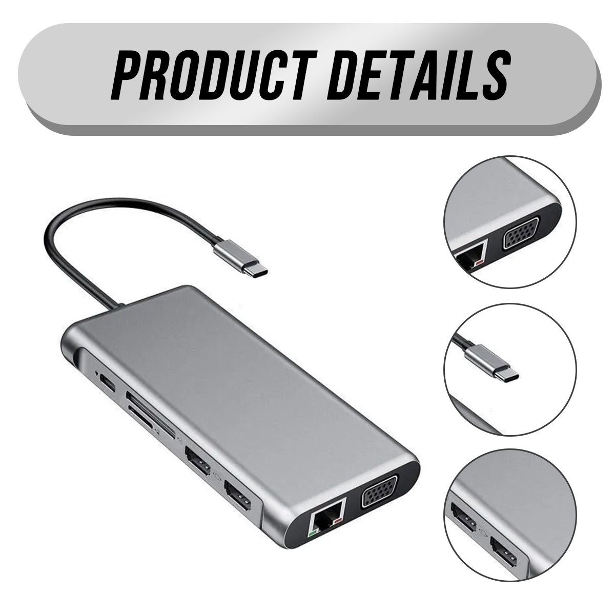 Grauer USB-C-Hub mit verschiedenen Anschlüssen wie HDMI, VGA und Ethernet.