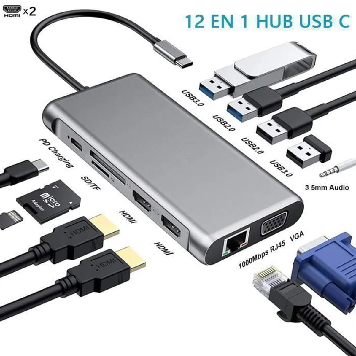 Ein silberner USB-C-Hub mit mehreren Anschlüssen: HDMI, USB 3.0/2.0, SD/TF-Kartenleser, RJ45, VGA.