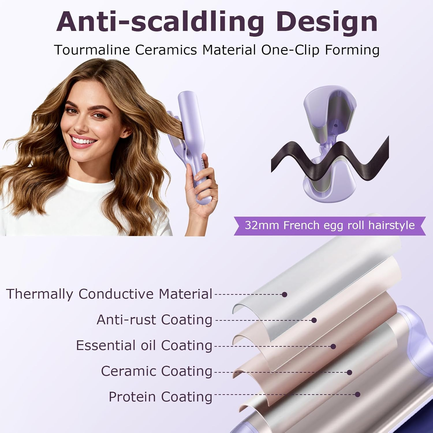 Frau mit Lockenstab, der mit der Aufschrift "Anti-scaldling Design" wirbt.