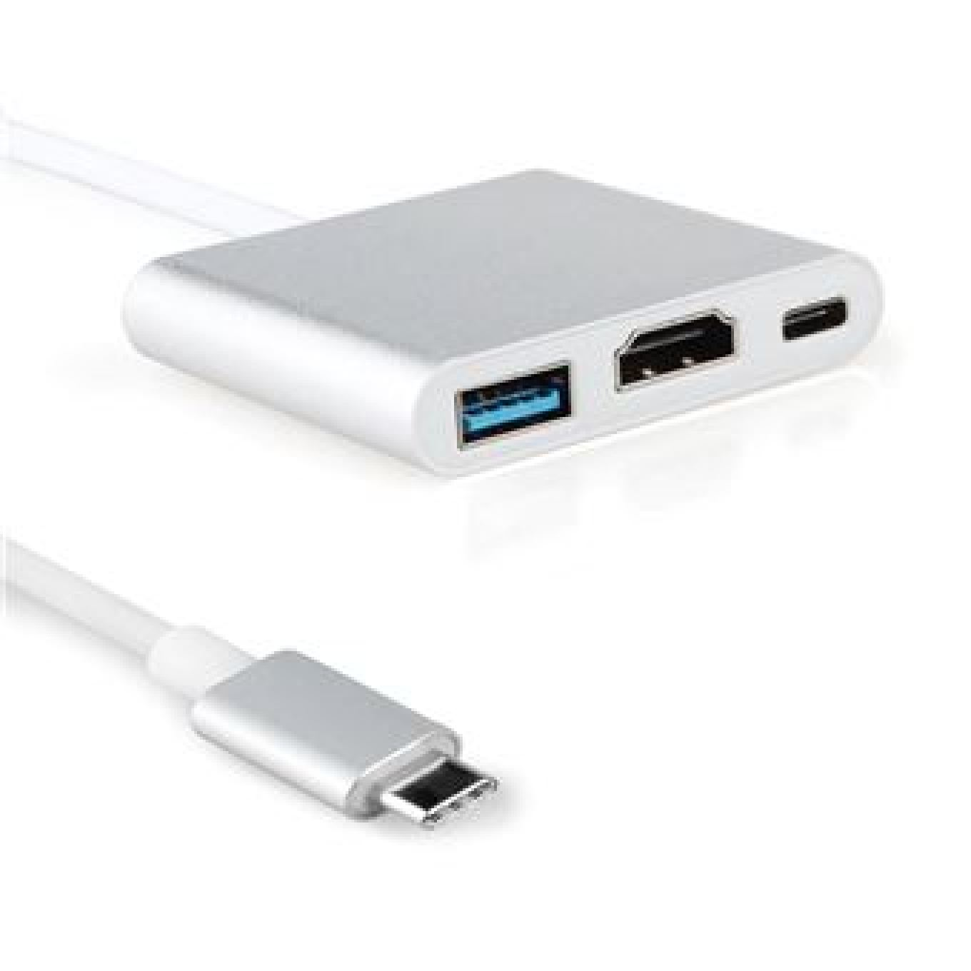 Silberner USB-C-Adapter mit USB-A, HDMI und USB-C-Anschluss.