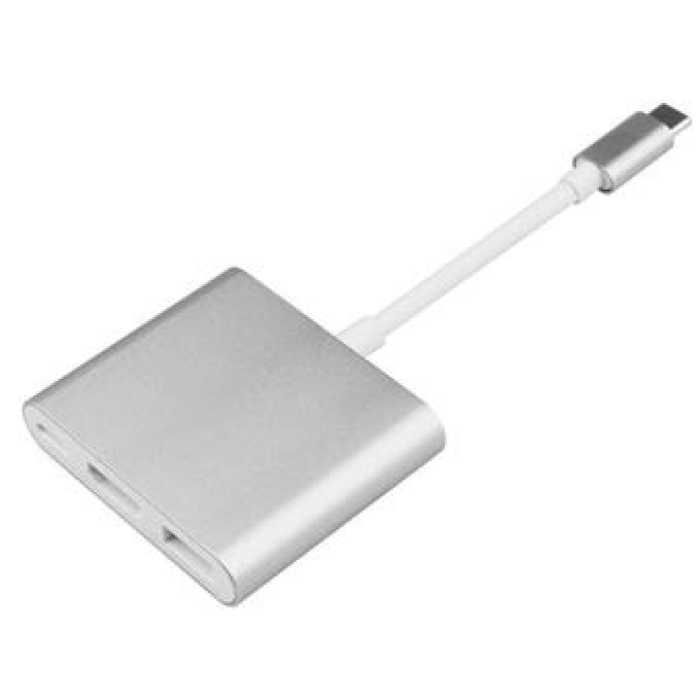 Ein silberner USB-C-Hub mit weißen Kabeln und silbernem Anschluss.