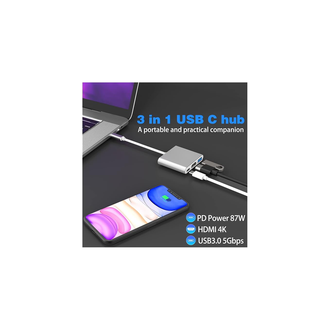 Ein silberner USB-C-Hub ist mit einem Laptop und einem Smartphone verbunden.