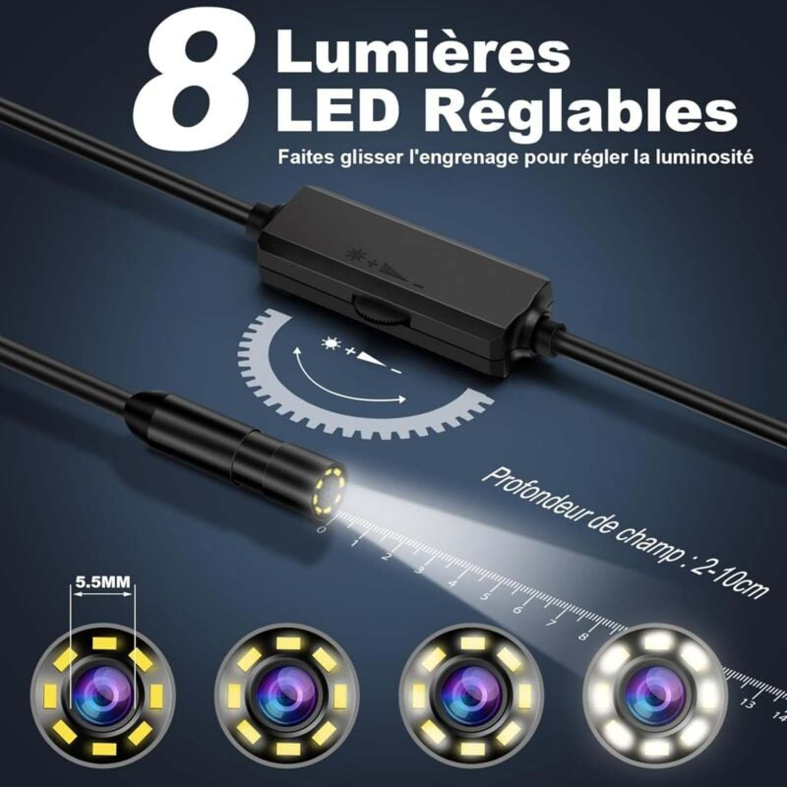 Endoskopkamera mit 8 einstellbaren LEDs, 5,5 mm Durchmesser, 2-10 cm Schärfentiefe.