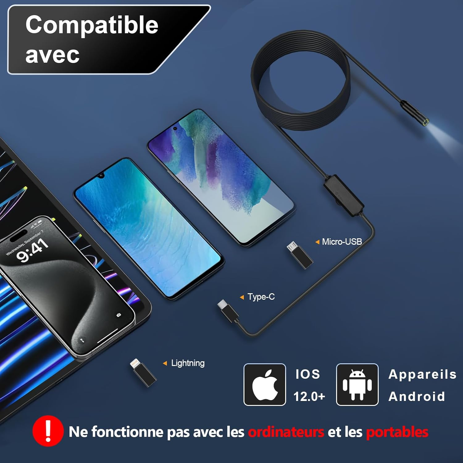 Endoskopkamera mit USB-C, Micro-USB und Lightning-Anschlüssen für iOS/Android.