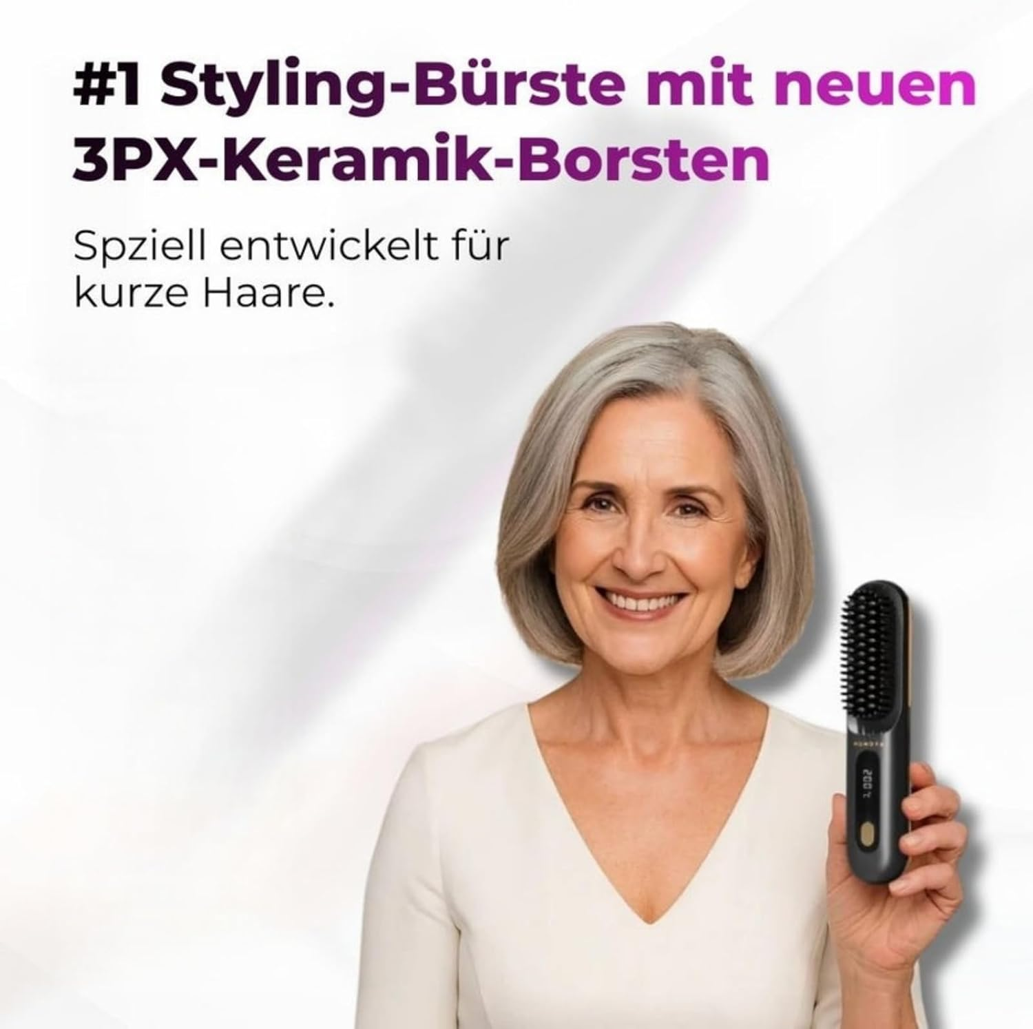 Eine Frau hält eine Styling-Bürste mit Keramikborsten. Text wirbt für Produkt.