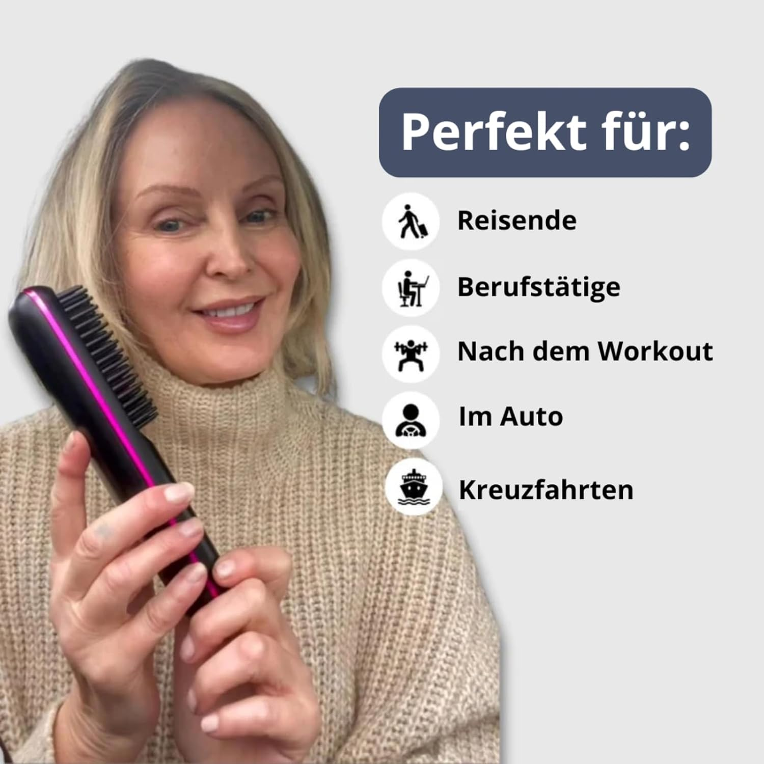 Frau hält ein schwarzes Glätteisen mit pinkem Akzent, Text: Perfekt für Reisende, Berufstätige, nach dem Workout.