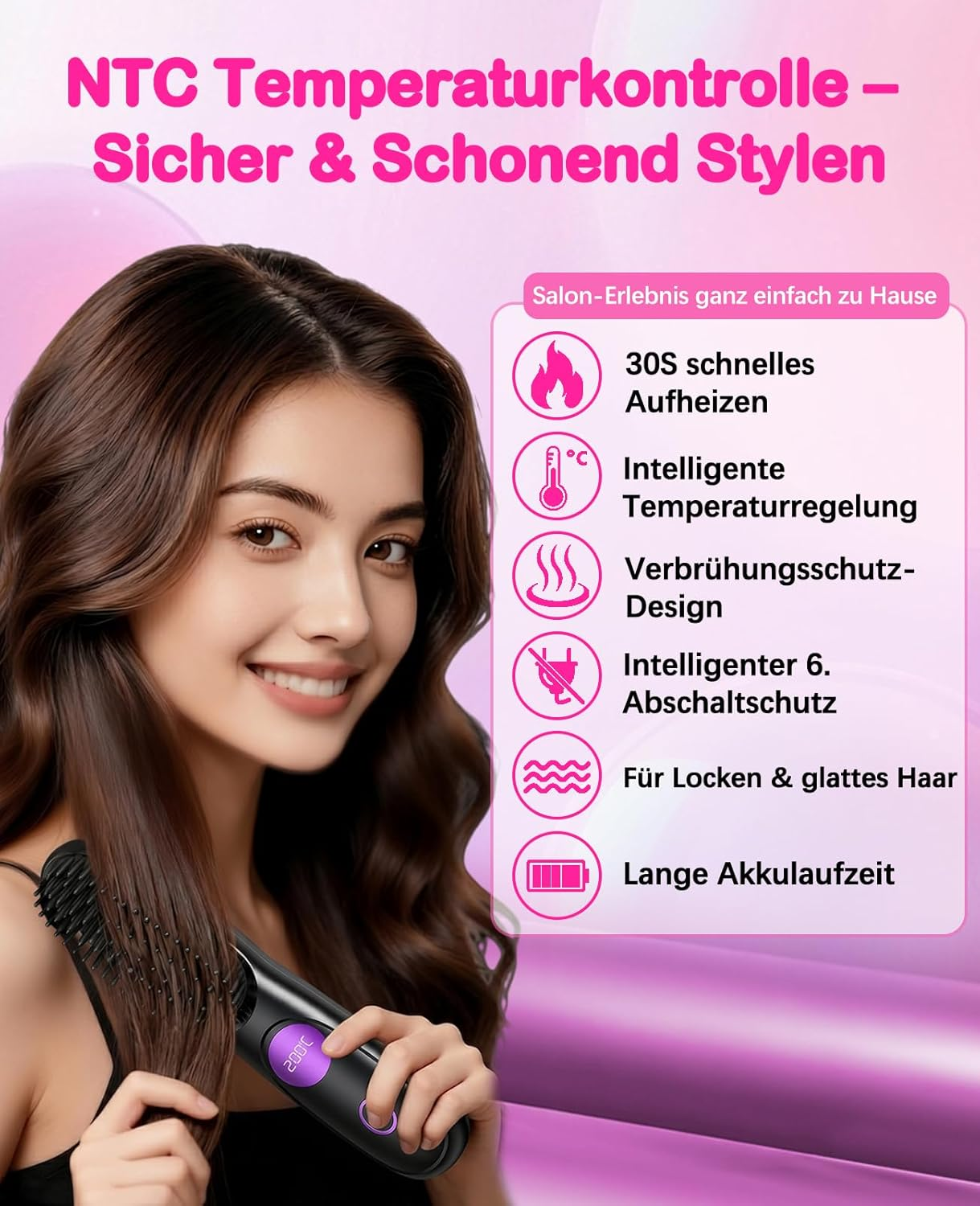 Frau stylt ihr Haar mit einem schwarzen Lockenstab, der 200°C anzeigt.
