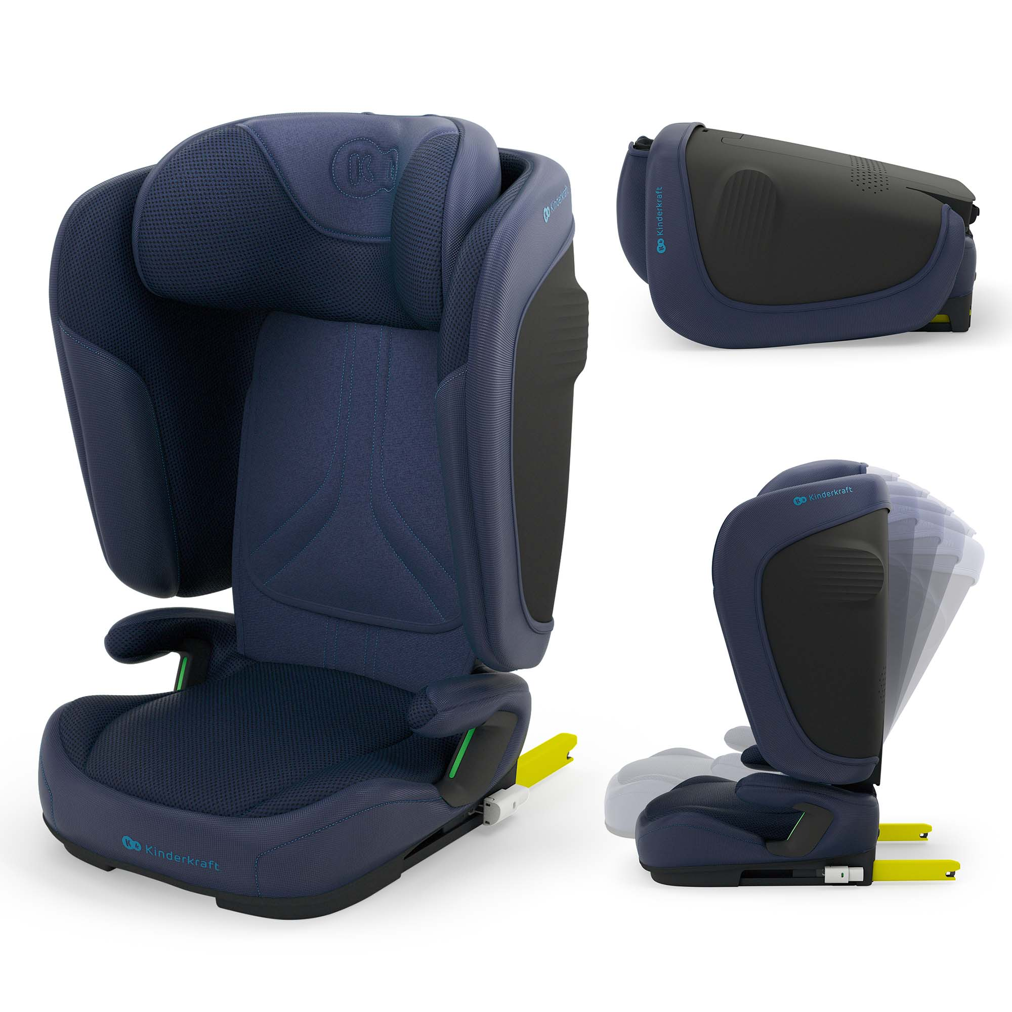 Dunkelblauer Kindersitz mit verstellbarer Kopfstütze und Isofix-Haken.