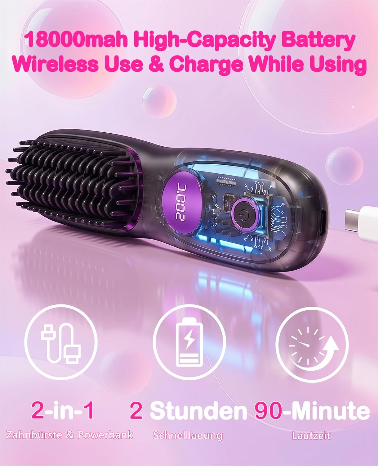 Kabellose Haarbürste mit 18000mAh Akku, 2-in-1 Funktion als Powerbank.
