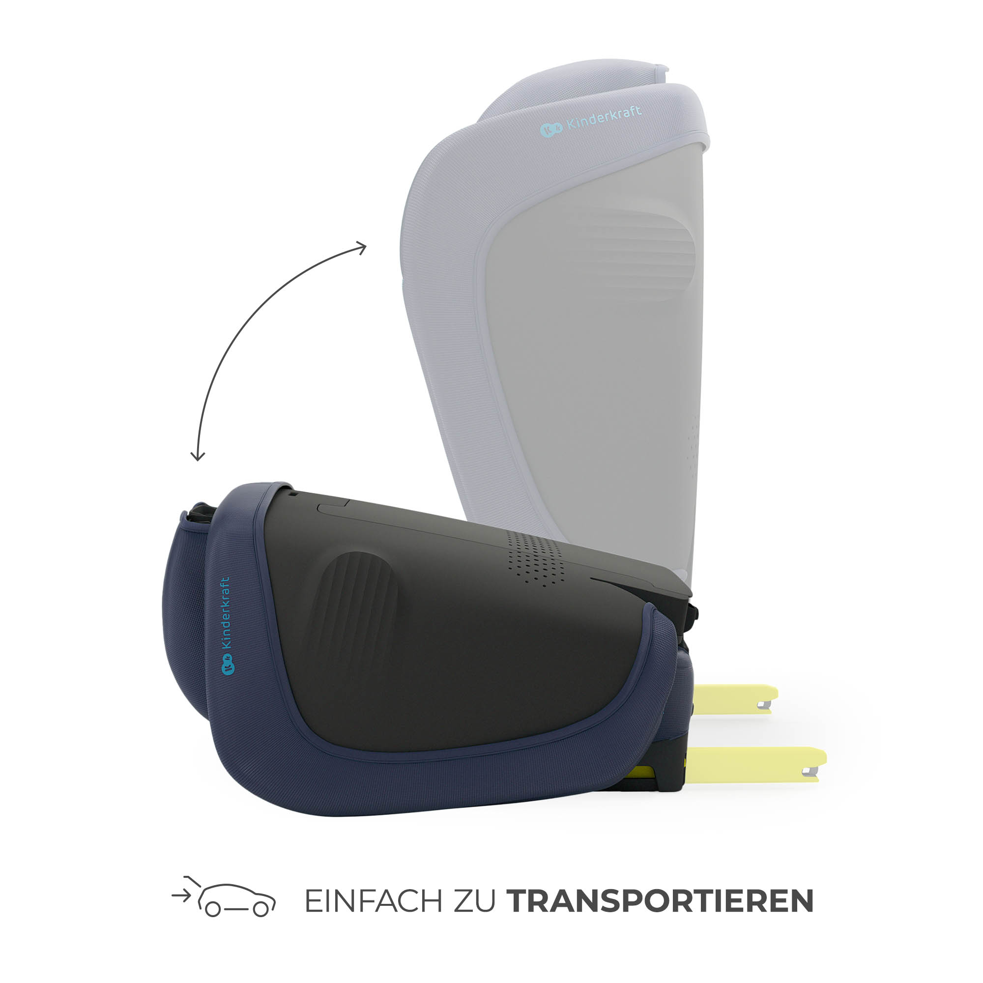 Ein dunkelblauer Autositzbezug wird zusammengeklappt. Gelbe Einsätze sind sichtbar.