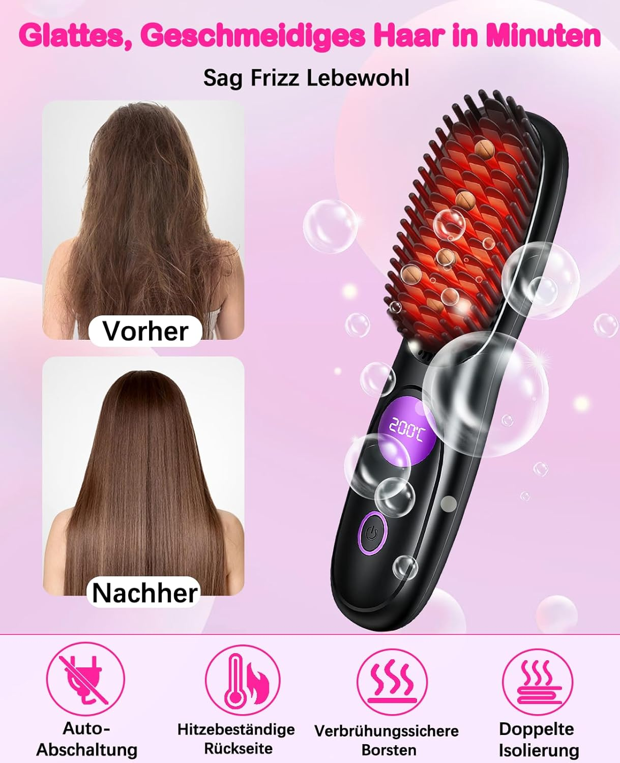 Vorher-Nachher-Vergleich von glattem Haar, daneben ein Glättungskamm mit 200°C.