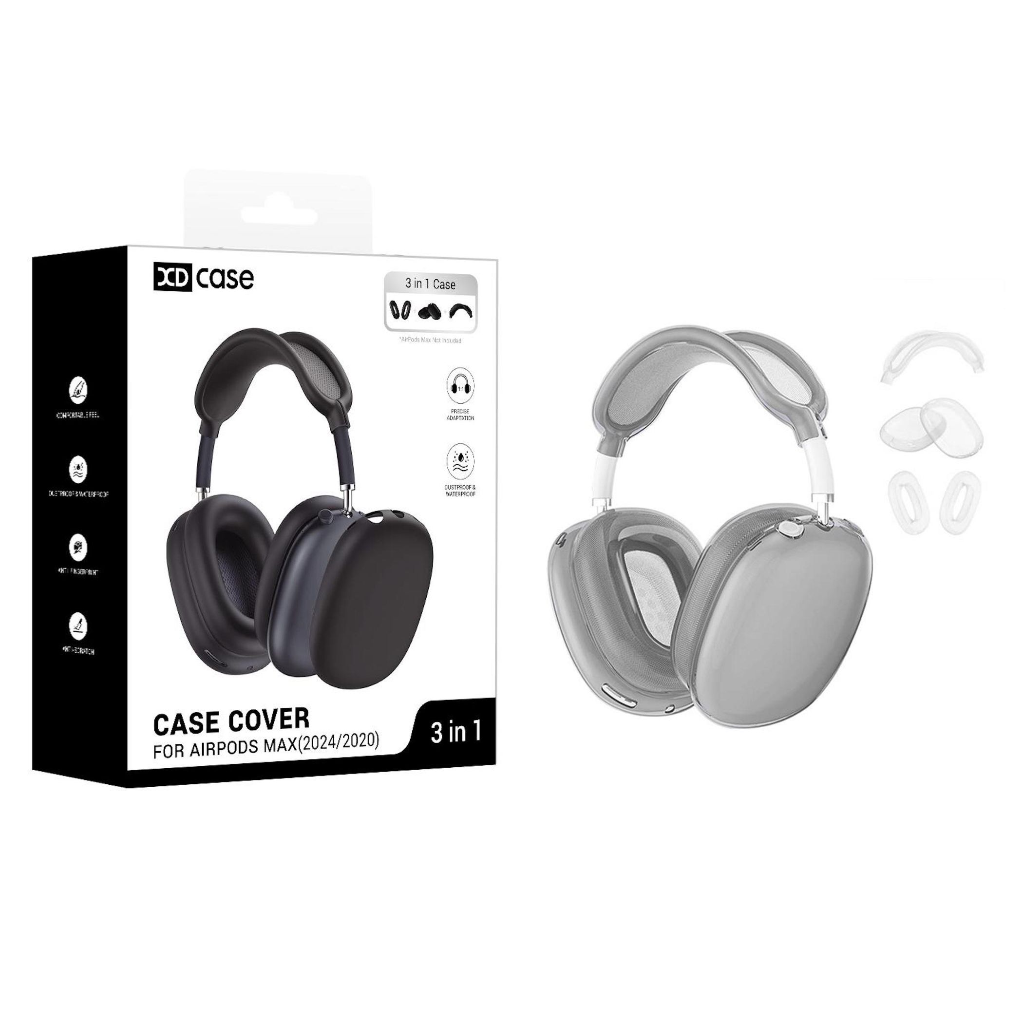 Schwarze und graue AirPods Max Hülle und Zubehör auf weißem Hintergrund.