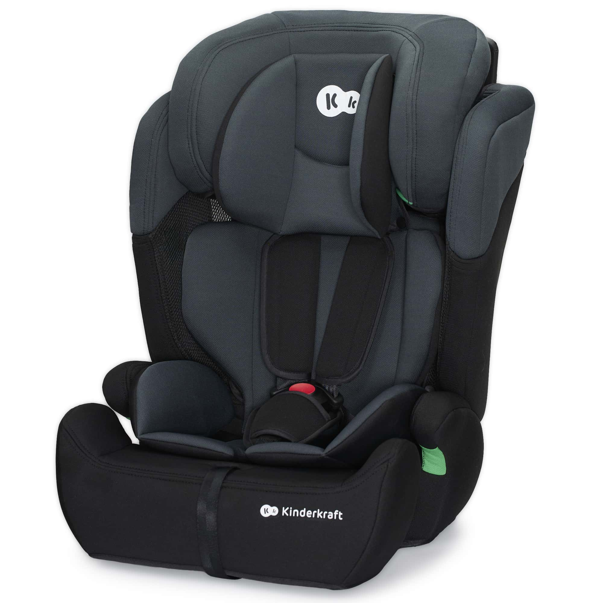 Ein dunkelgrauer und schwarzer Kindersitz mit verstellbarer Kopfstütze und Gurt.