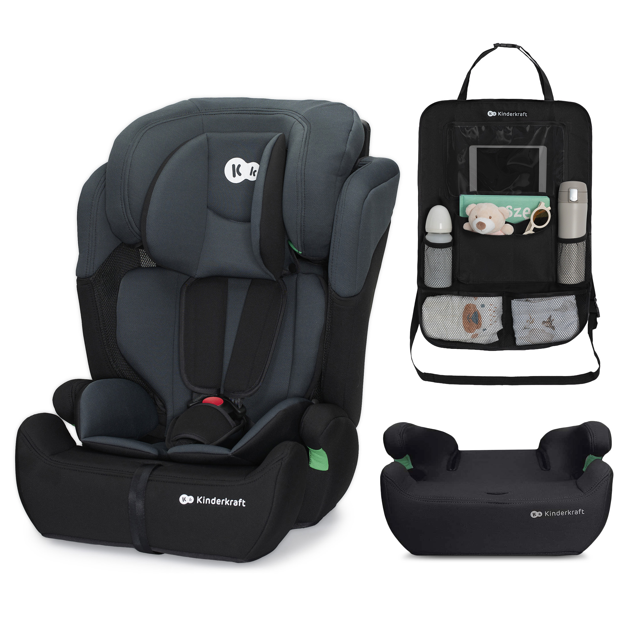 Ein dunkler Kindersitz, eine Rückentasche und ein Autositz-Booster.