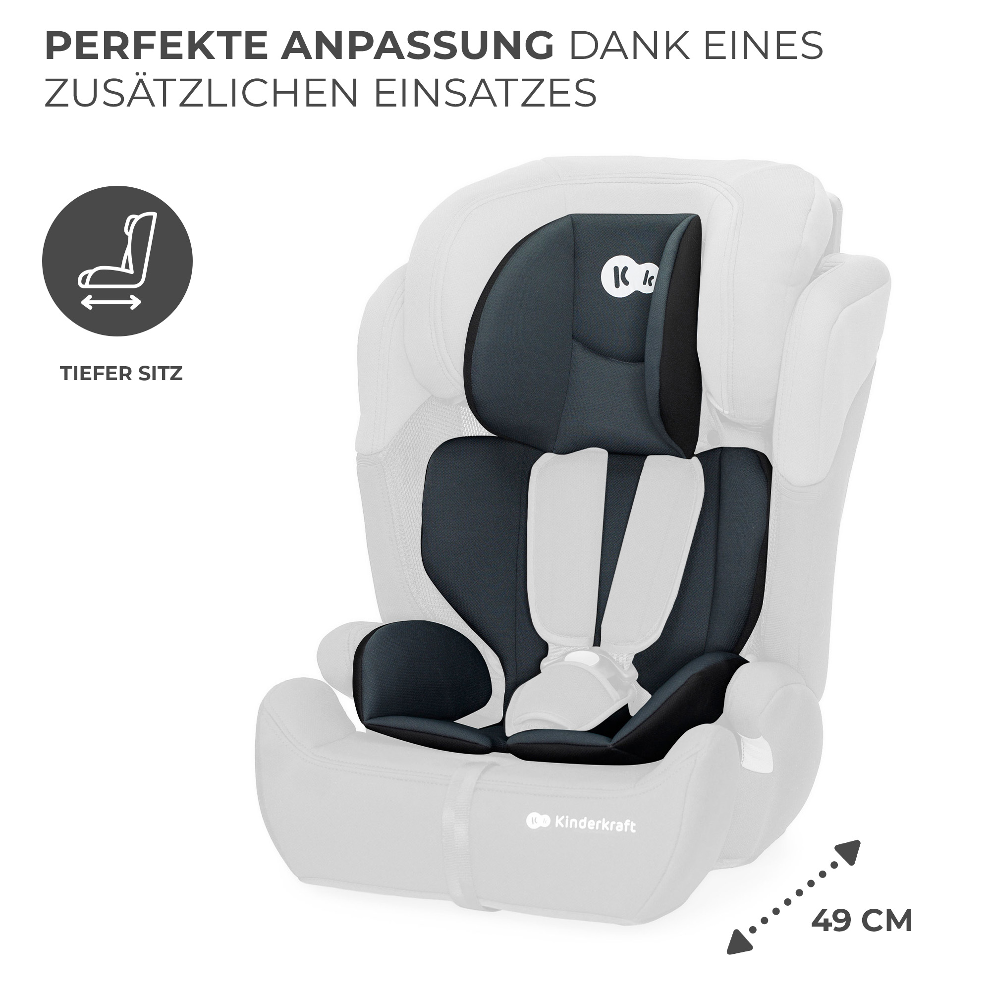 Ein dunkler Kindersitz mit weißen Gurten und einem Einsatz. Text und Symbol daneben.