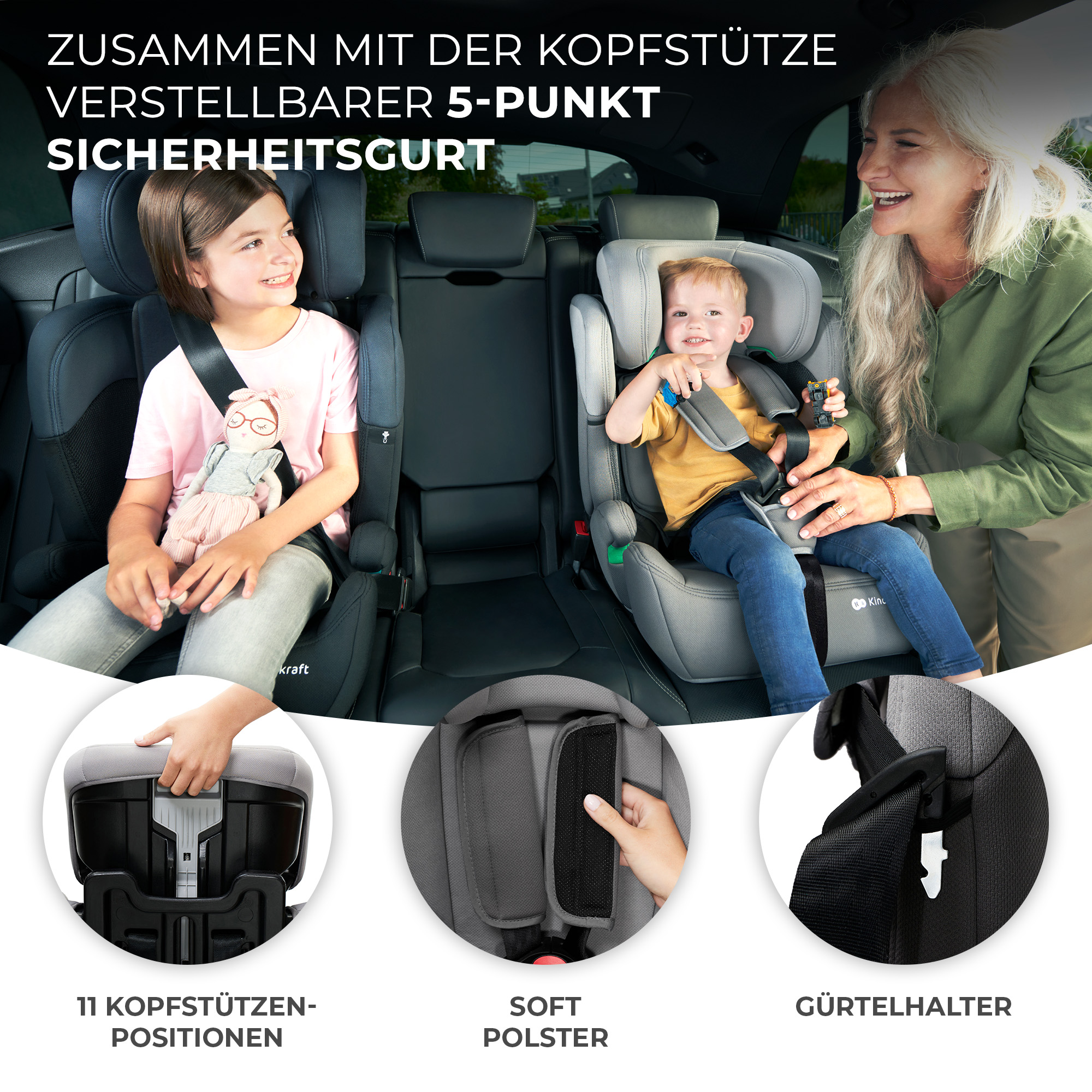 Kindersitz mit Frau und Kindern im Auto, Nahaufnahmen von Funktionen.