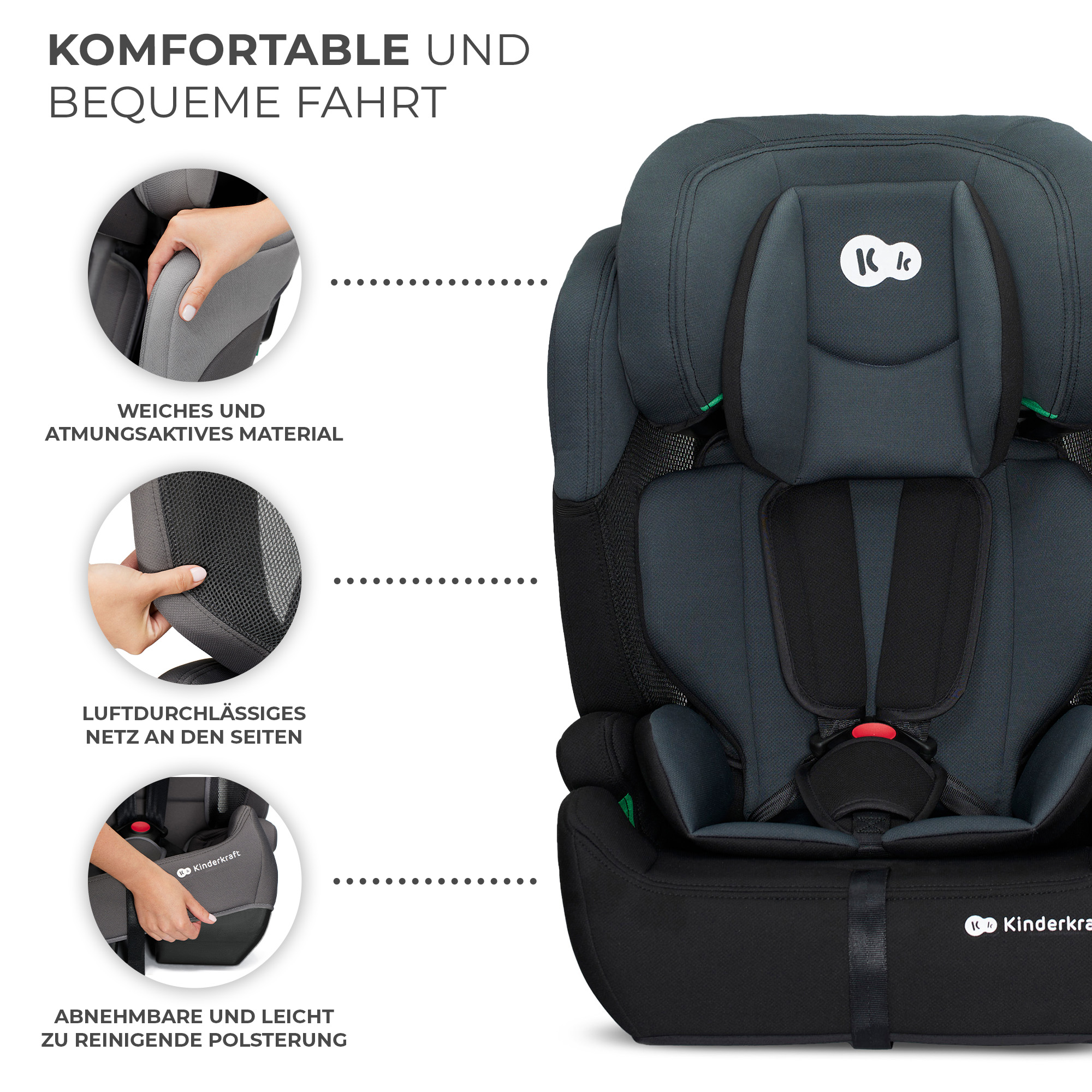 Dunkelgrauer Kindersitz mit weicher Polsterung und Netzseiten. Merkmale: abnehmbare, waschbare Bezüge.