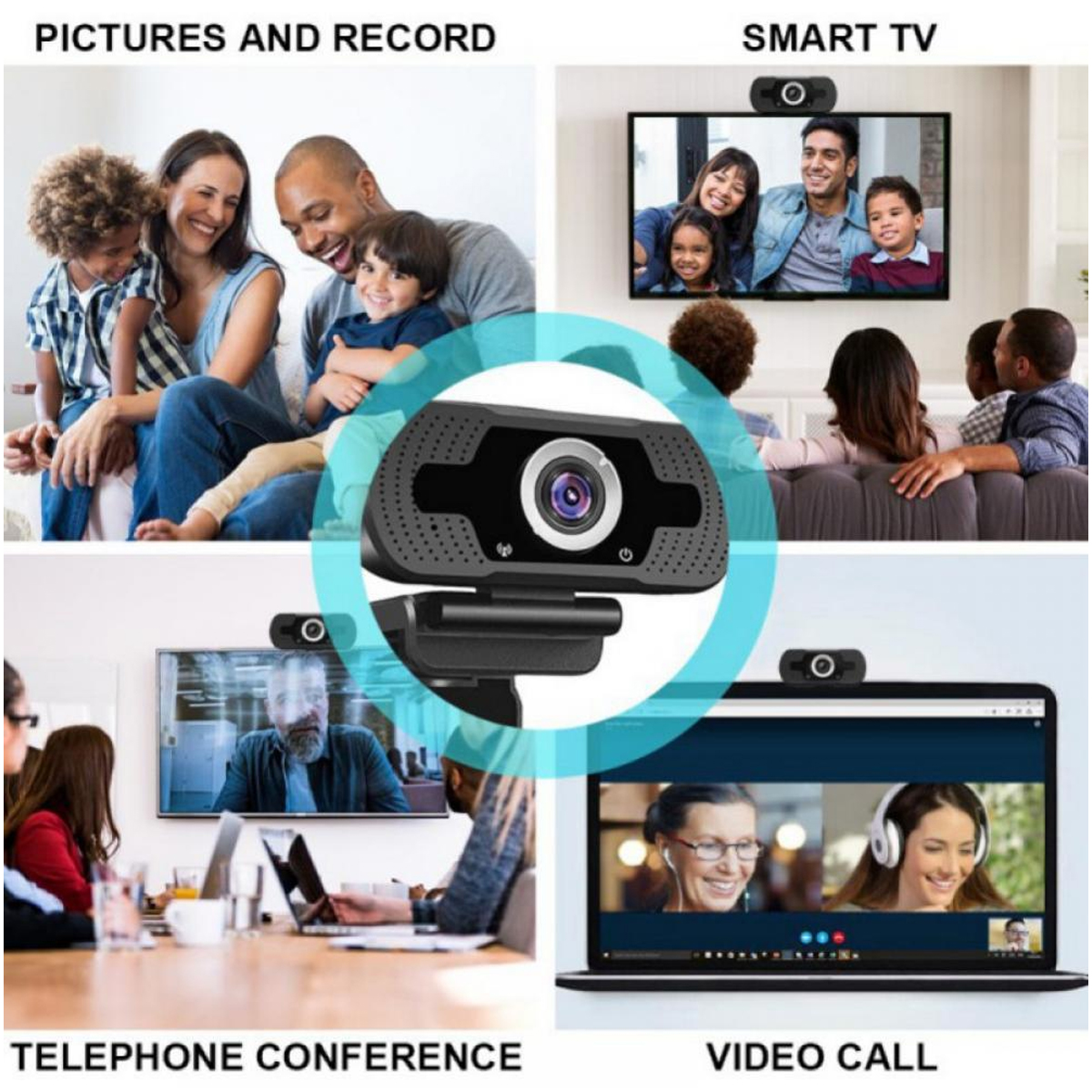 Vier Szenen: Familie, Smart TV, Telefonkonferenz und Videoanruf mit Webcam.