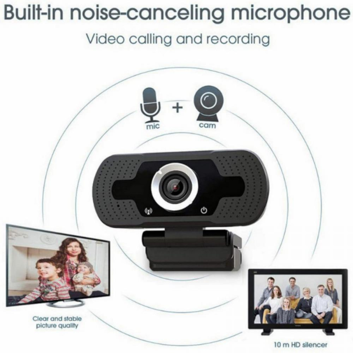 Eine Webcam mit Mikrofon, die für Videoanrufe und Aufnahmen wirbt.