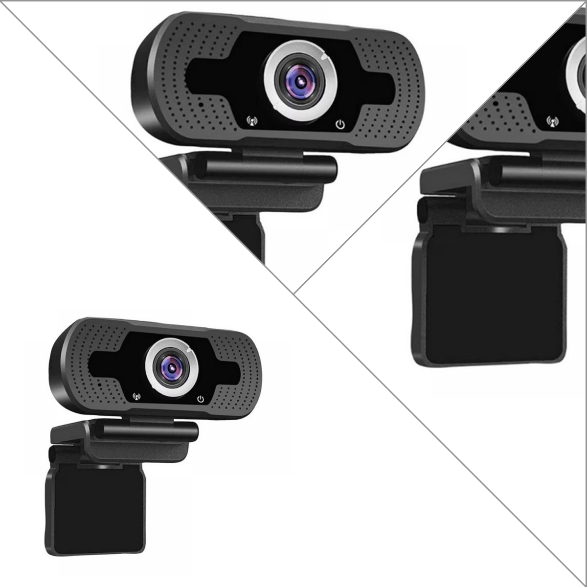 Eine schwarze Webcam mit Linse, Mikrofon und Halterung auf weißem Hintergrund.