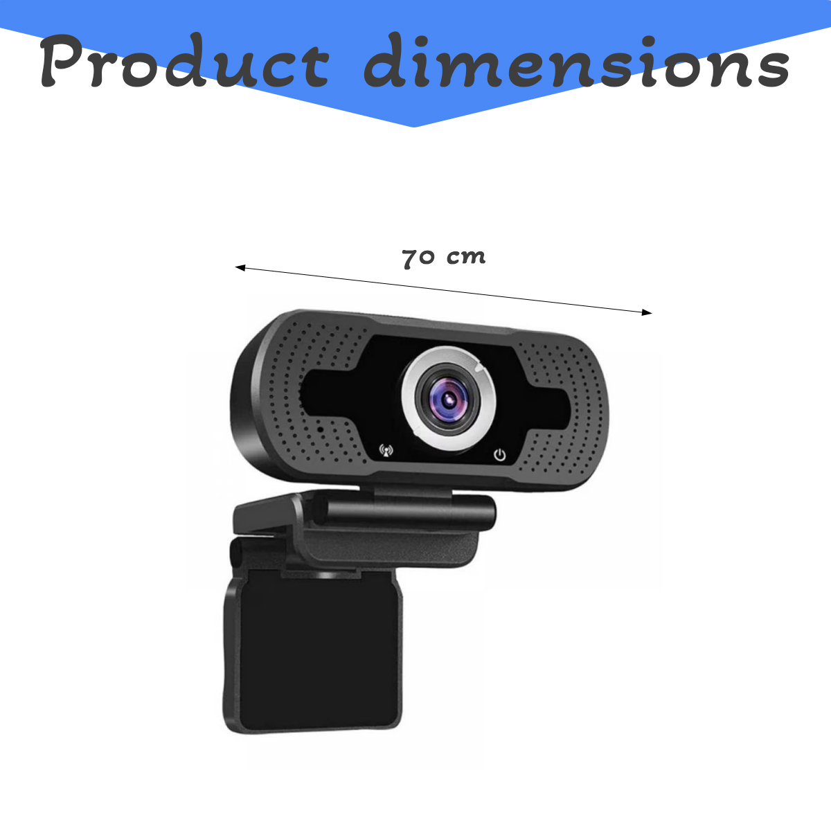 Schwarze Webcam mit 70 cm Breitenangabe. Produktabmessungen Text.