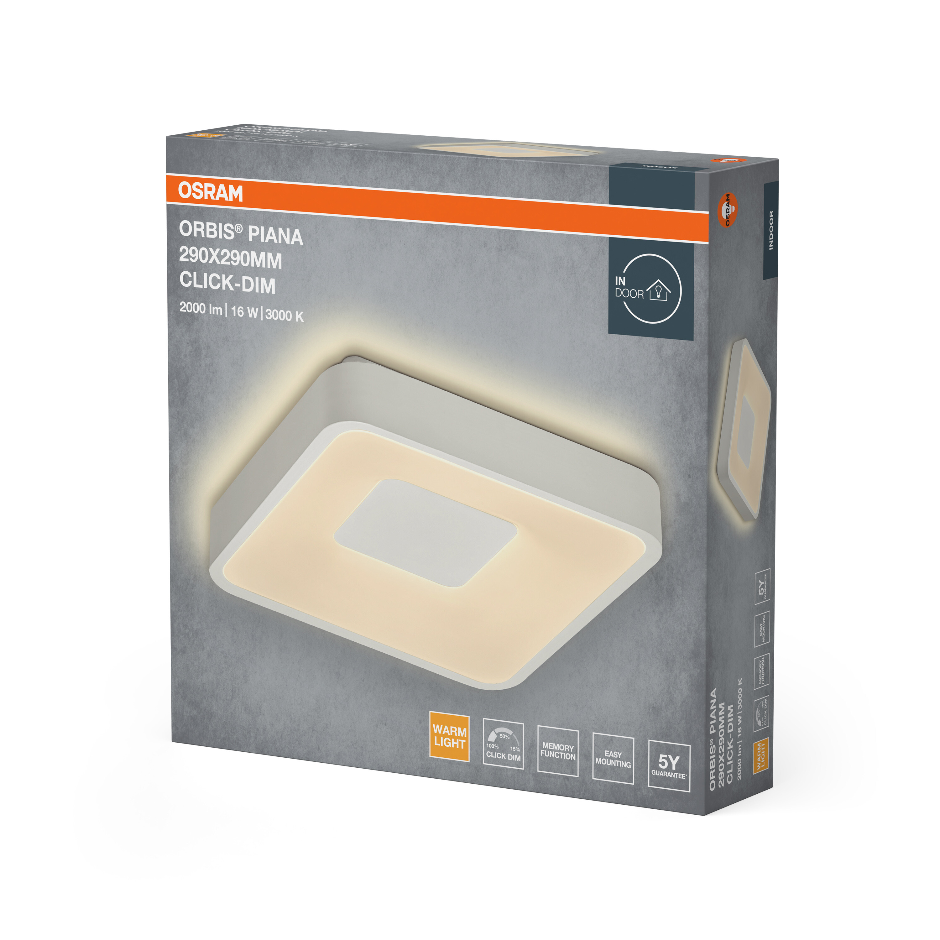 Verpackung für OSRAM ORBIS PIANA Leuchte: 290x290mm, Click-Dim, 2000lm, 16W, 3000K.