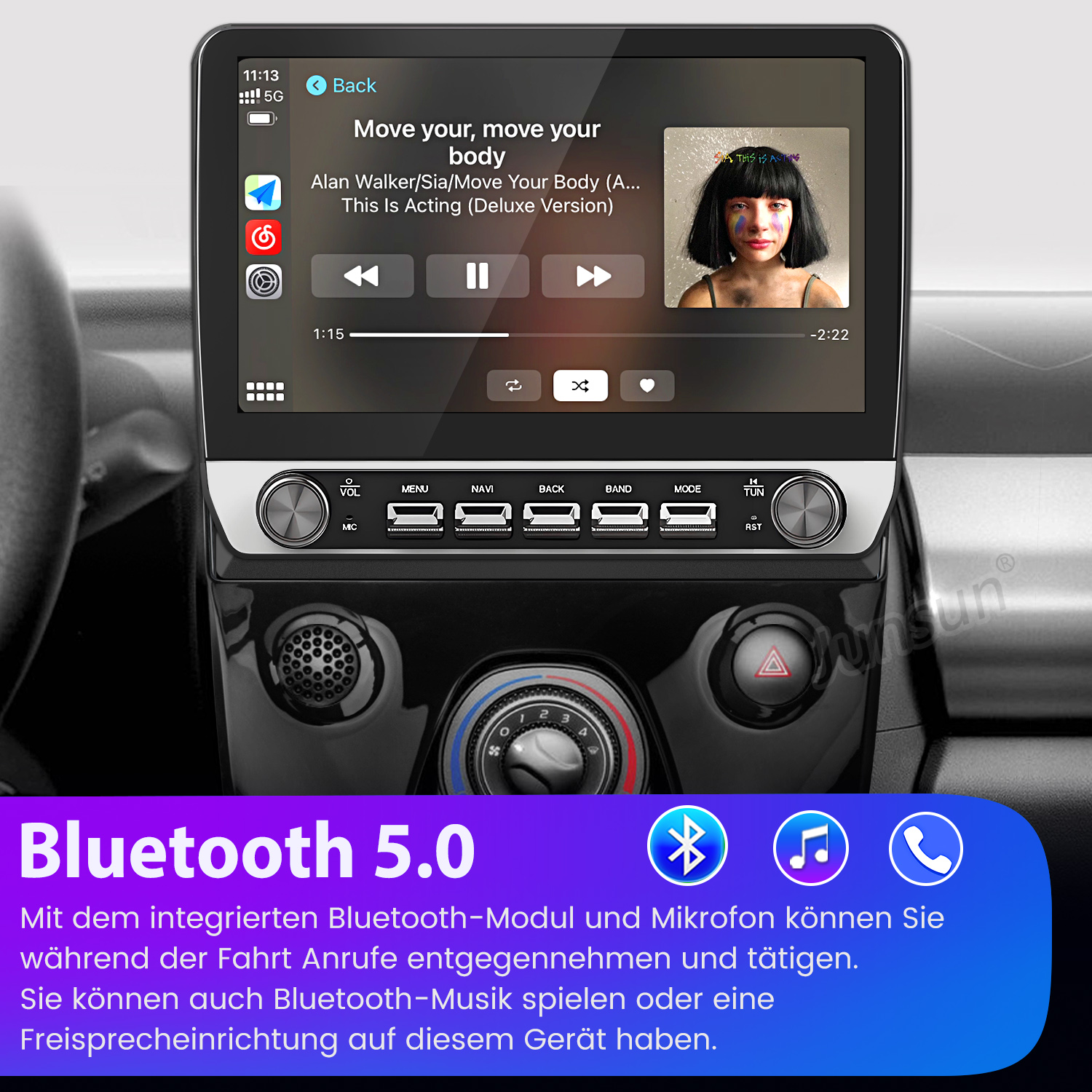 Ein Autoradio-Bildschirm zeigt Musikwiedergabe mit Albumcover und Steuerelementen.