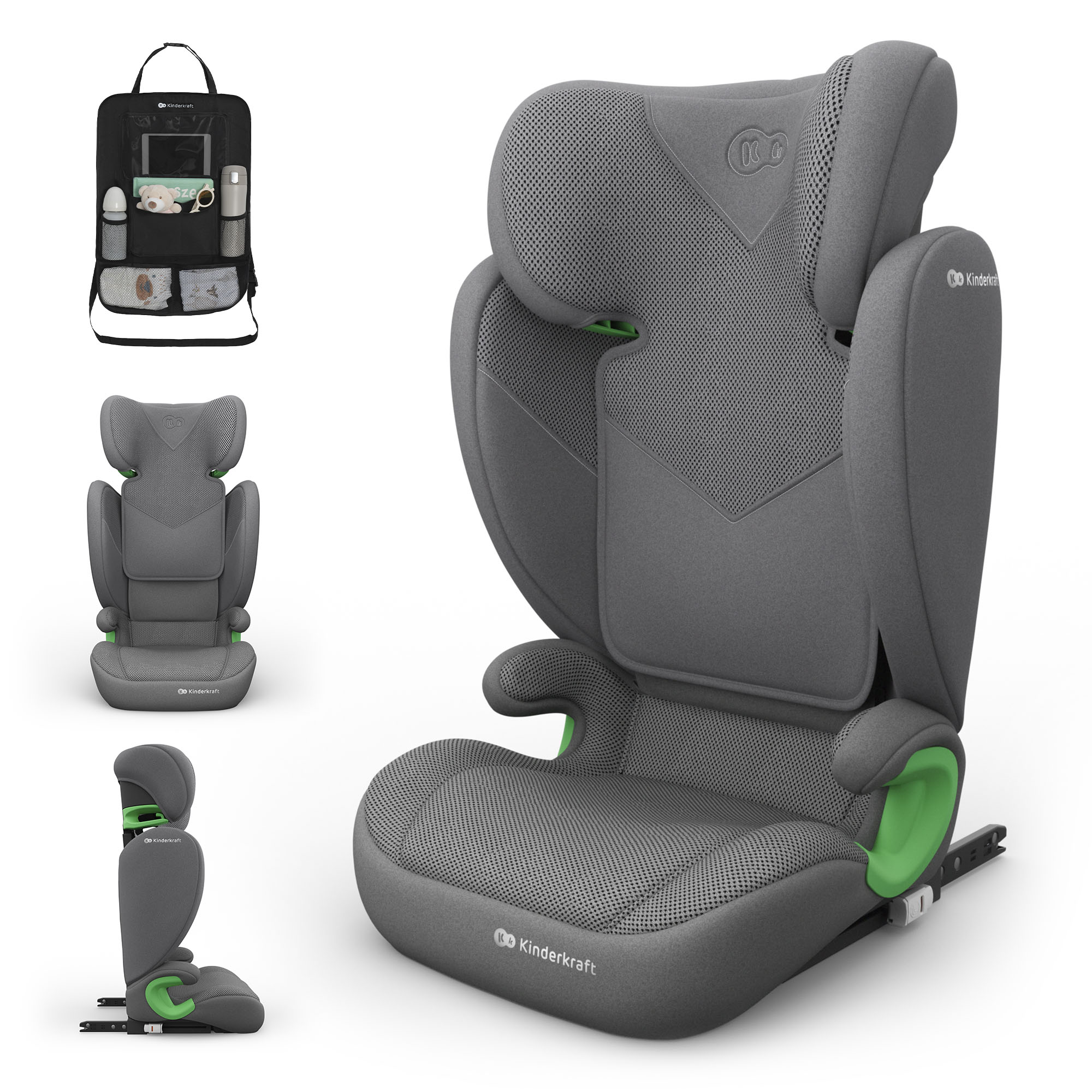 Grauer Kindersitz mit grünen Akzenten, Vorderansicht und Zubehör.