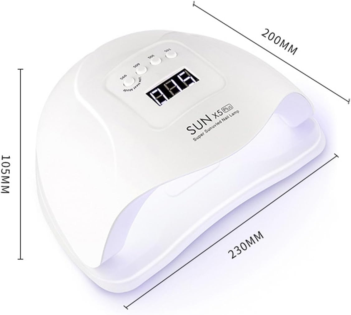 Ein weier UV-Nageltrockner mit digitaler Anzeige und Maangaben.