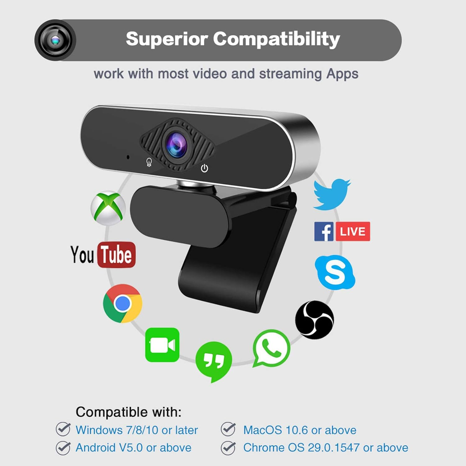 Webcam mit Logos von YouTube, Xbox, Skype, Twitter, Facebook Live, WhatsApp, Google Chrome.