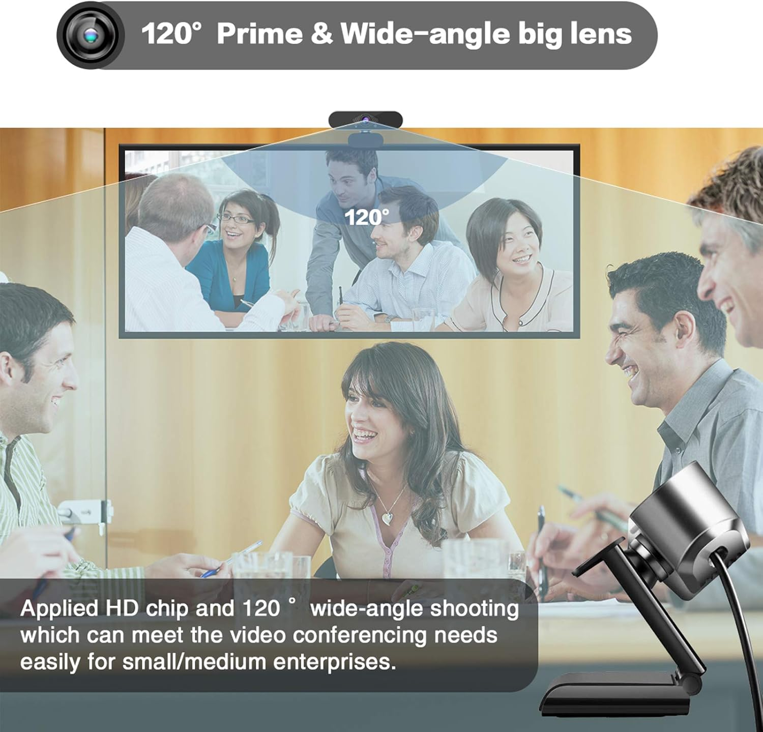 Webcam mit 120° Weitwinkelobjektiv zeigt ein Team bei Videokonferenzen.