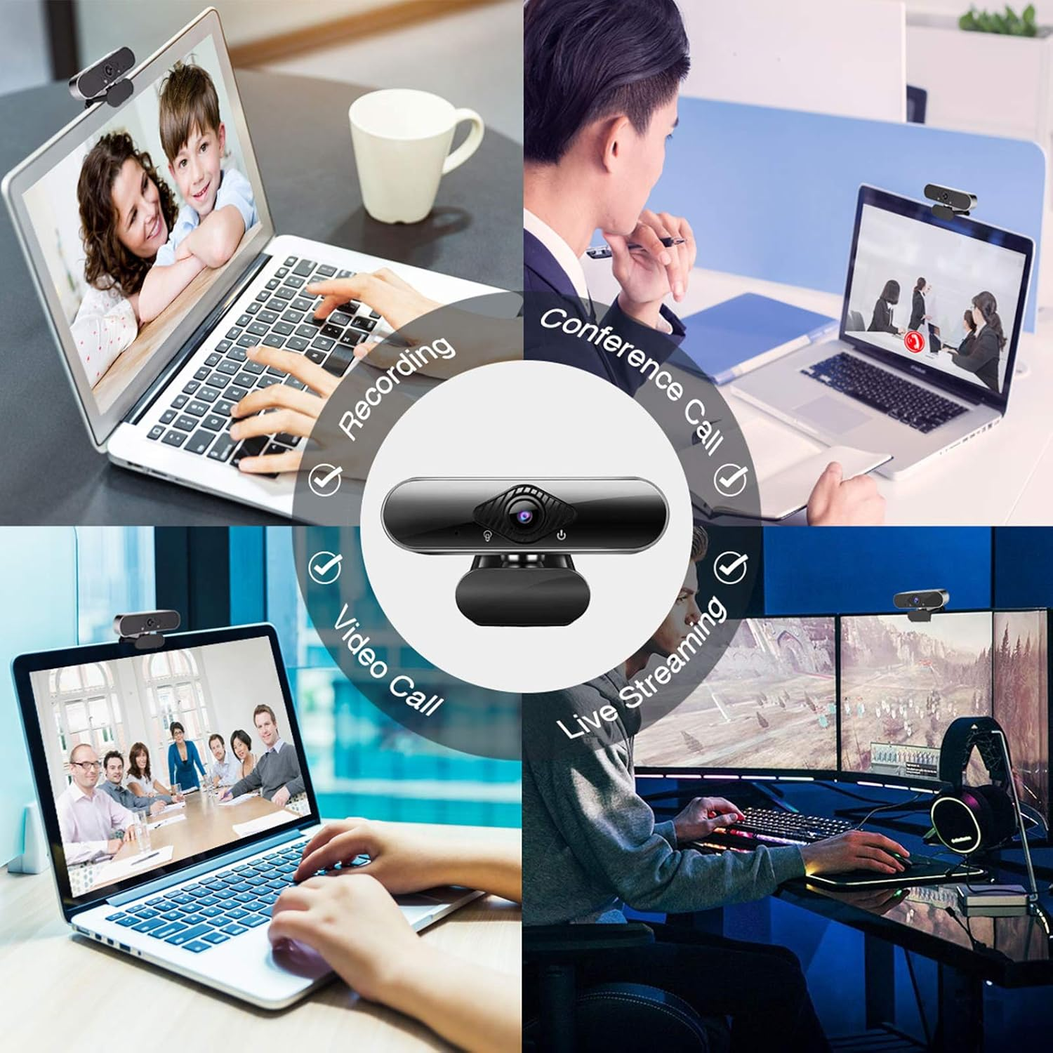 Eine Collage zeigt vier Szenen: Aufnahme, Konferenz, Videoanruf und Live-Streaming.