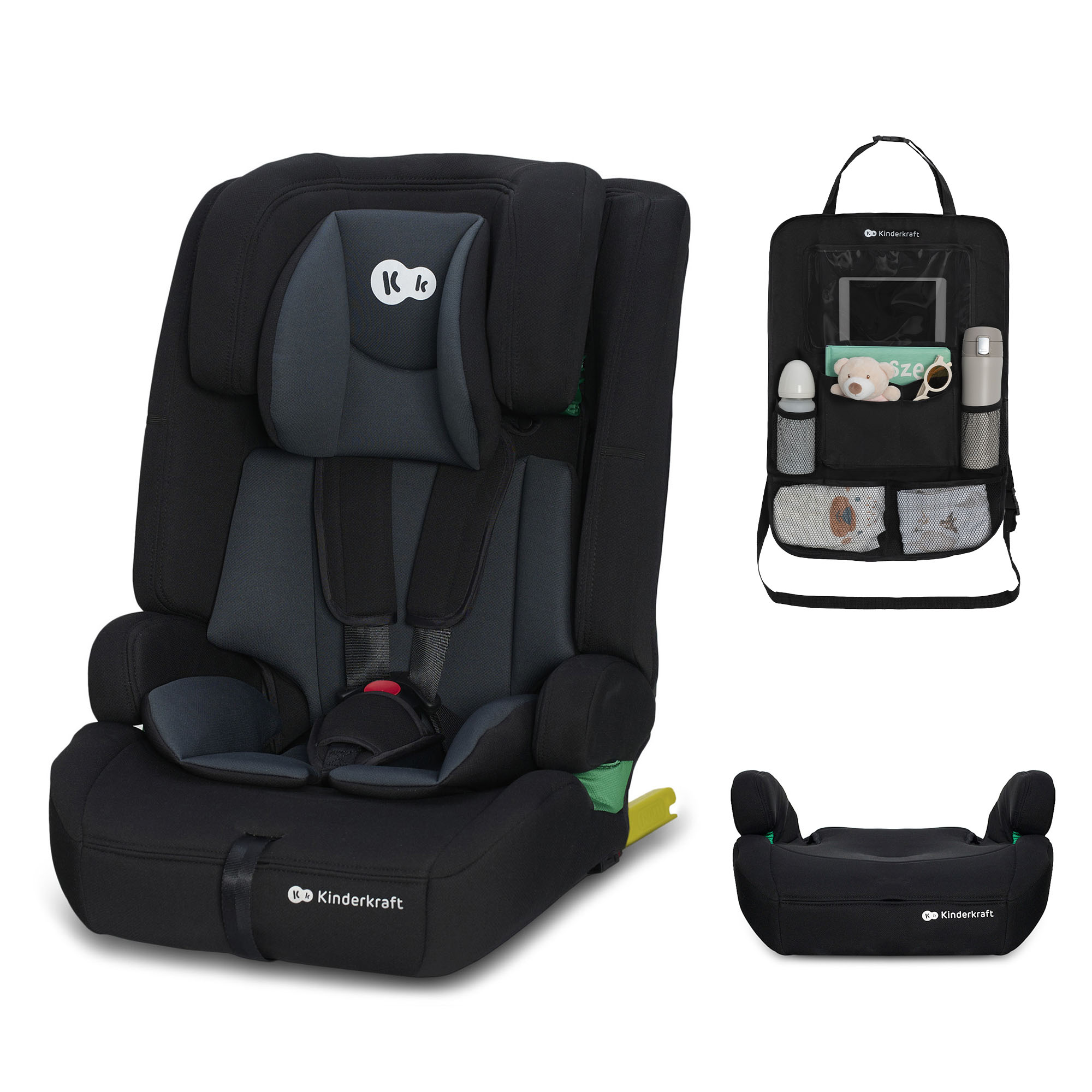 Ein schwarzer Kindersitz, eine Rückentasche und ein Sitzerhöhungsteil.