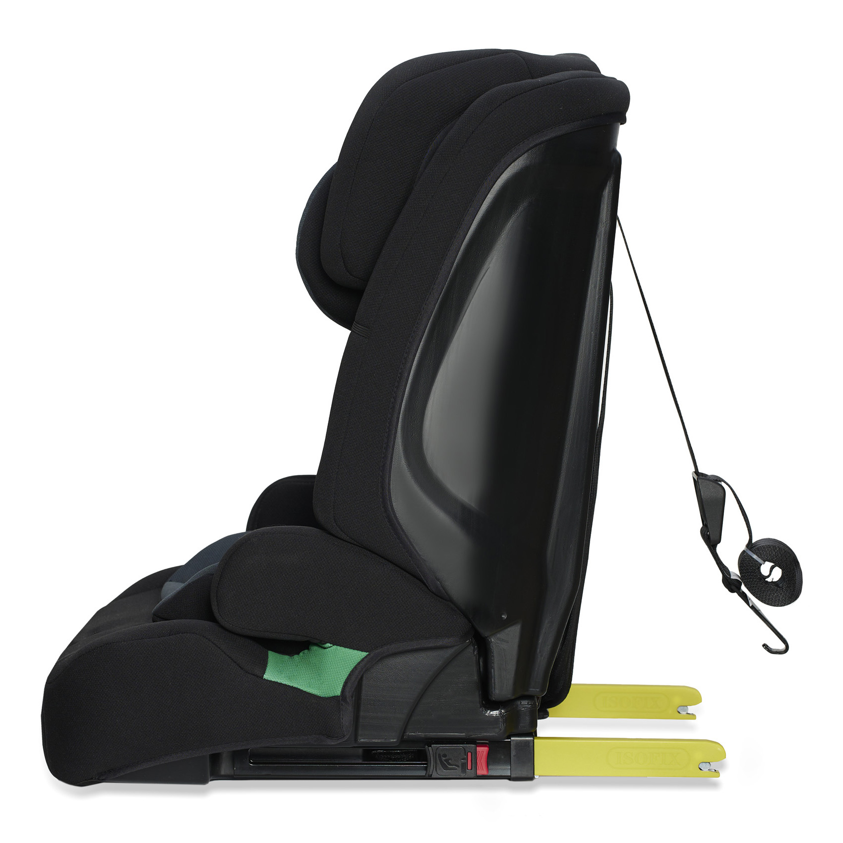 Schwarzer Kindersitz mit gelben ISOFIX-Haken und Verankerungsgurt.