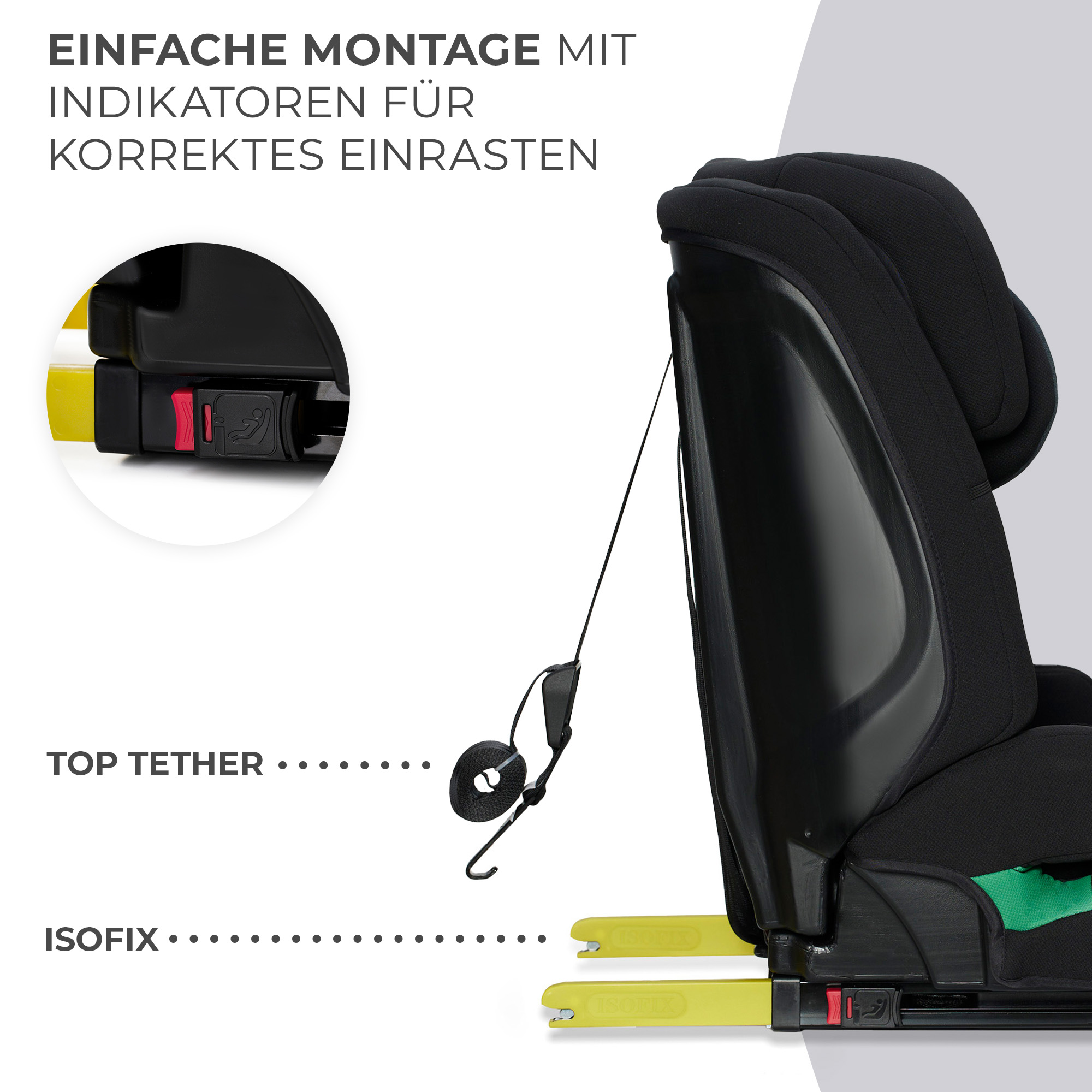 Schwarzer Kindersitz mit ISOFIX-Haken und Top-Tether-Gurt. Einfache Montage.