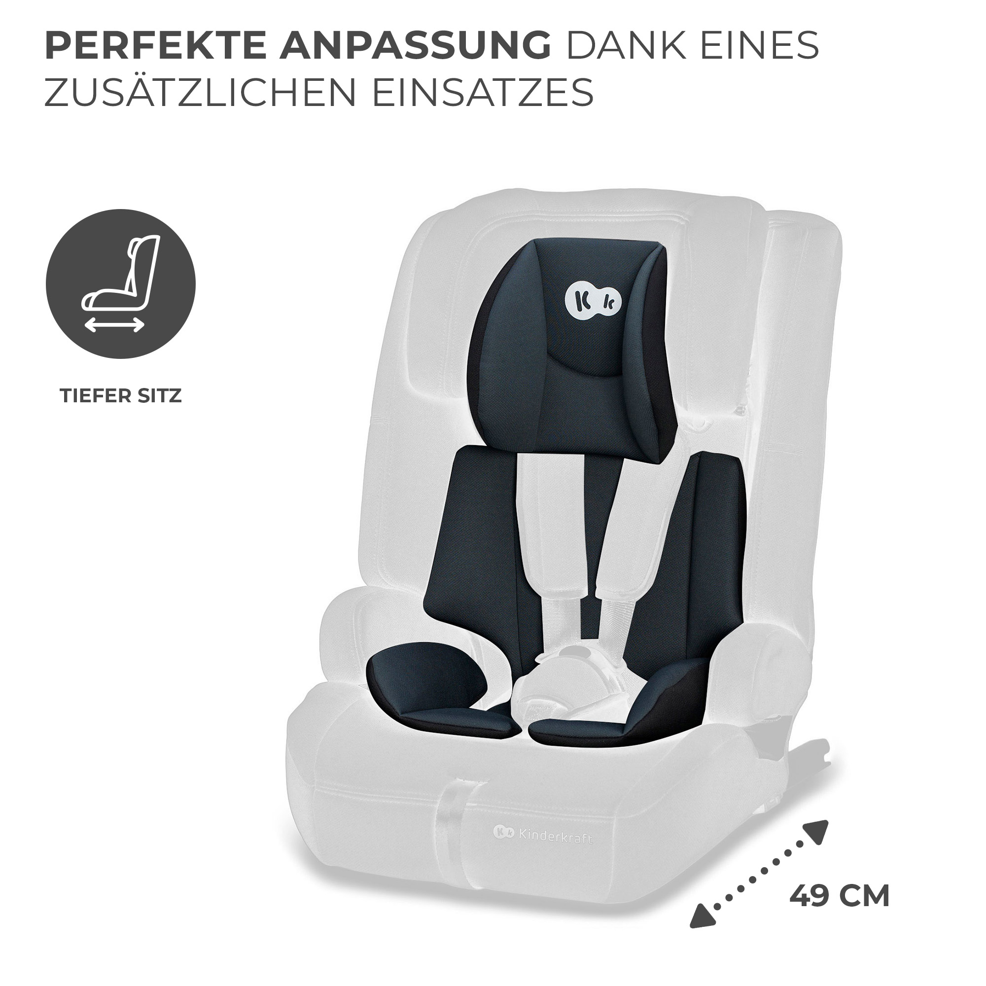 Ein dunkler Kindersitz mit grauem Einsatz und Gurten. 49 cm Angabe.