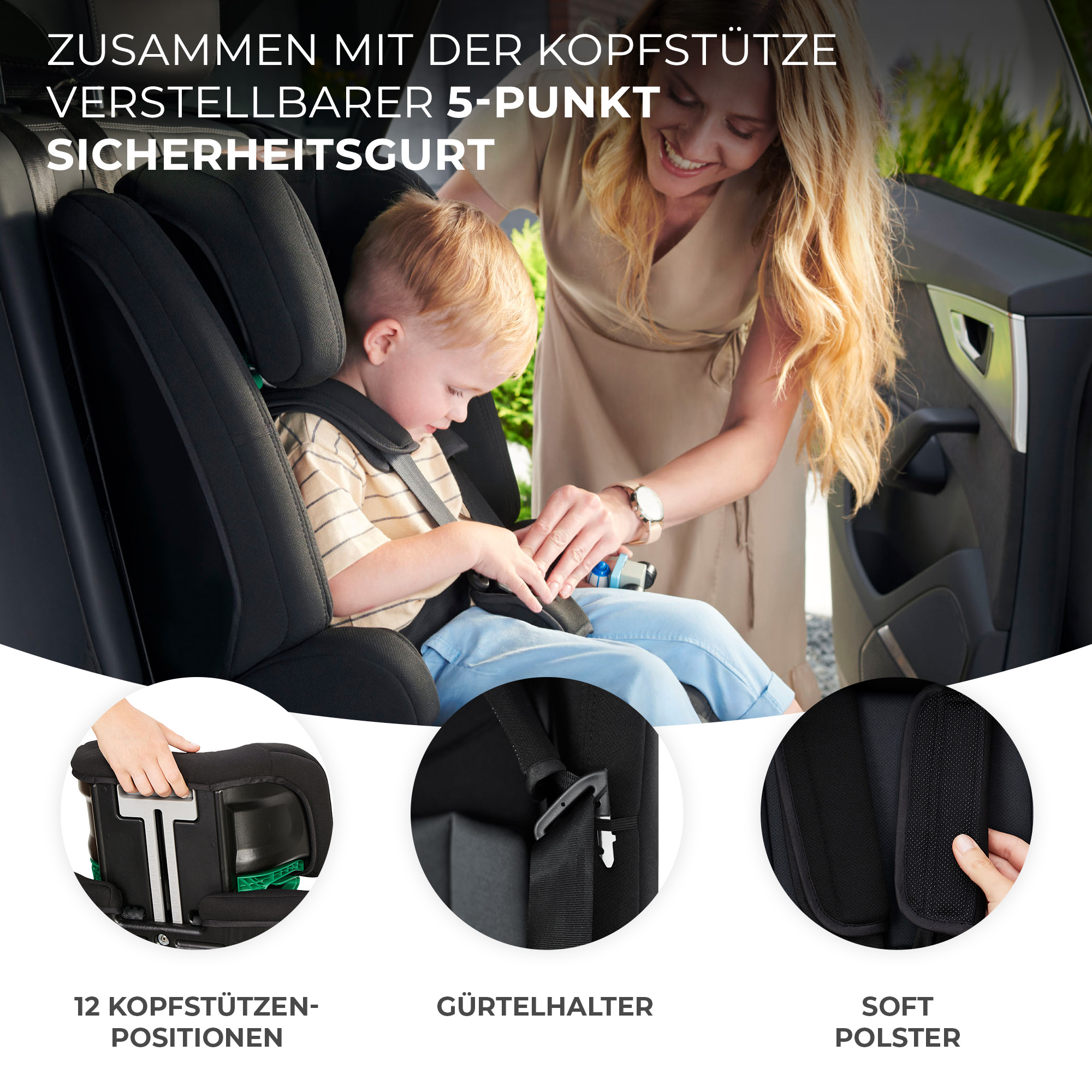 Frau sichert Kind im Autositz mit 5-Punkt-Gurt. Detailansichten zeigen Kopfstütze, Gurt und Polster.