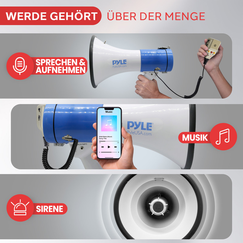 Megafon mit Sprech-, Musik- und Sirenenfunktionen, steuerbar per Smartphone.