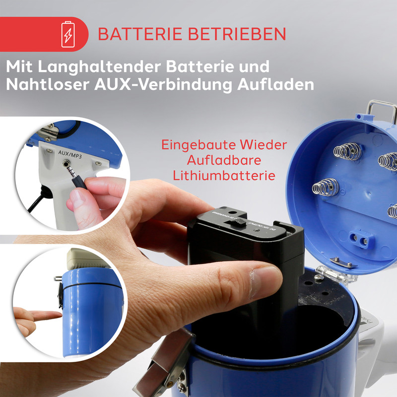 Einbau einer Lithiumbatterie in ein blaues Gerät mit AUX/MP3-Anschluss.