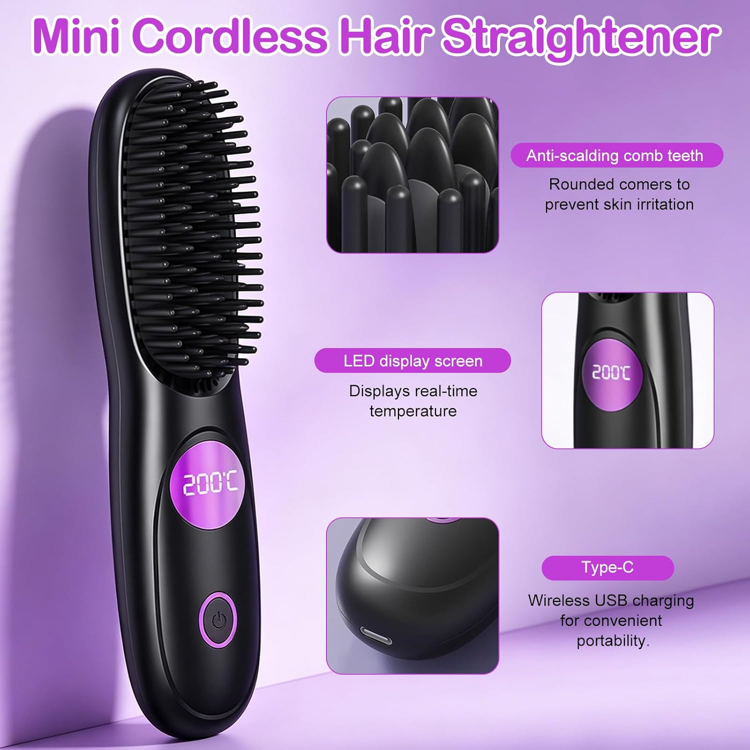 Schwarzer Mini-Haarglätter mit LED-Anzeige (200°C) und Typ-C-Ladeanschluss.