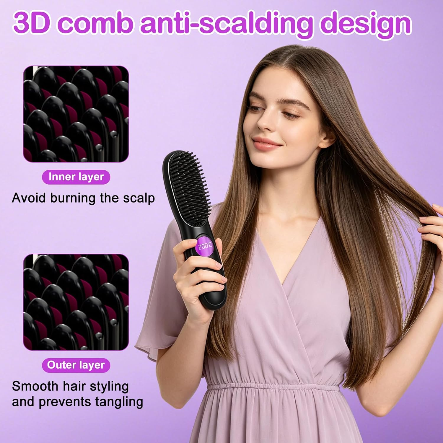 Frau mit langen braunen Haaren hält eine schwarze beheizte Haarbürste. Nahaufnahmen zeigen 3D-Kammdesign.